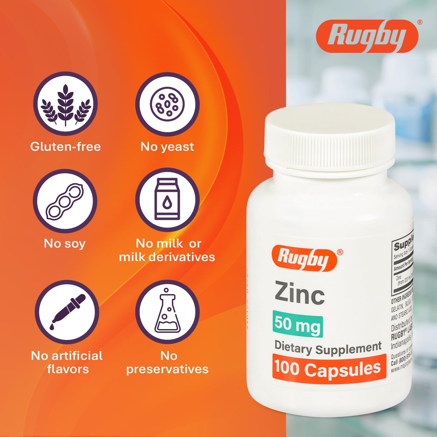 Rugby Zinc 50mg – Gluten-Free Immune Support Daily Dietary Supplement (100 Count)