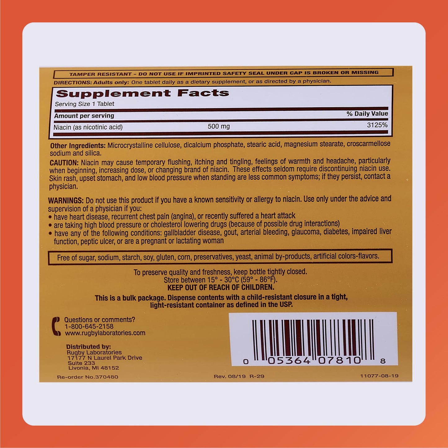 Rugby Niacin 500mg – Vitamin B3 Supplement for Men and Women (1,000 Tablets, 2-Pack) | Rugby Laboratories