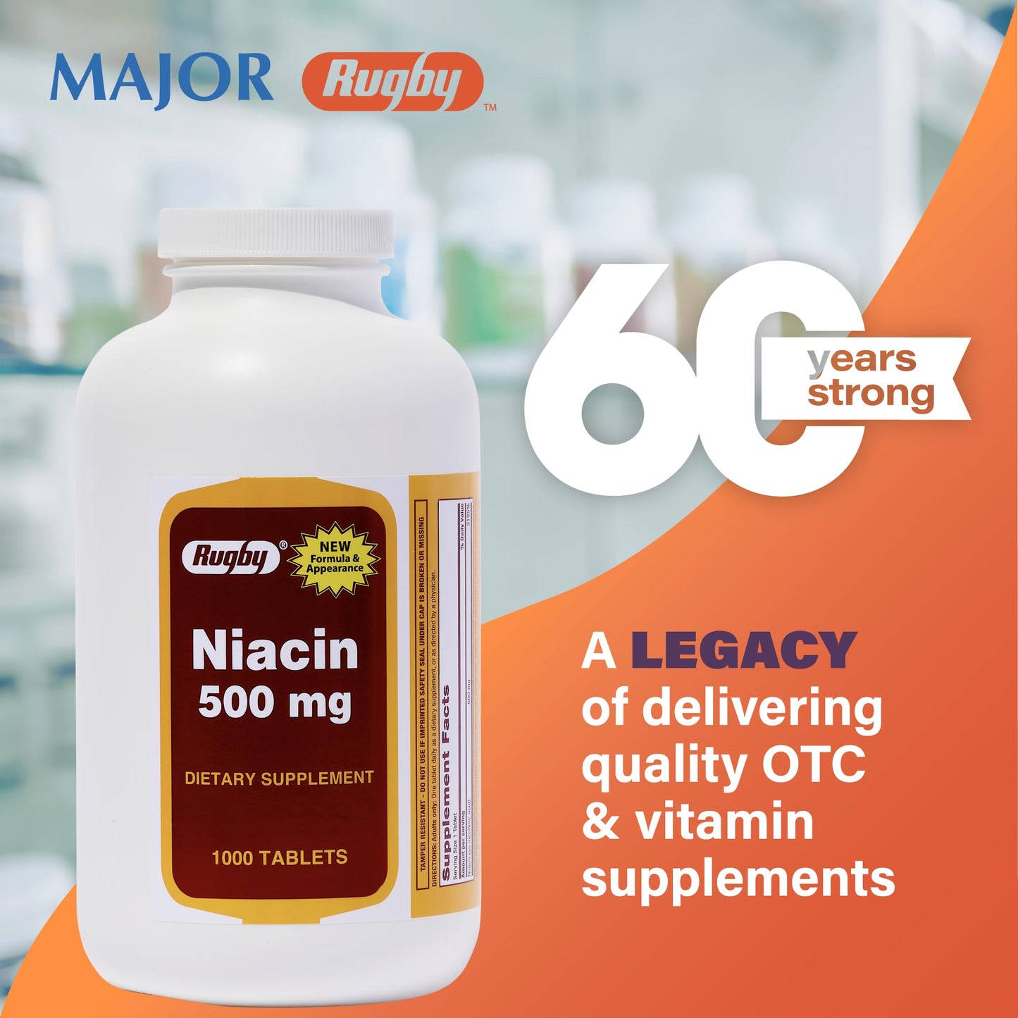 Rugby Niacin 500mg – Vitamin B3 Supplement for Men and Women (1,000 Tablets, 2-Pack) | Rugby Laboratories