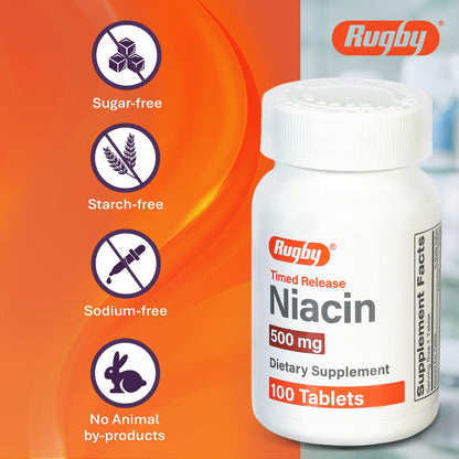 Rugby Timed-Release Niacin 500mg with Calcium – 100 Tablets | Energy, Metabolism & Circulation