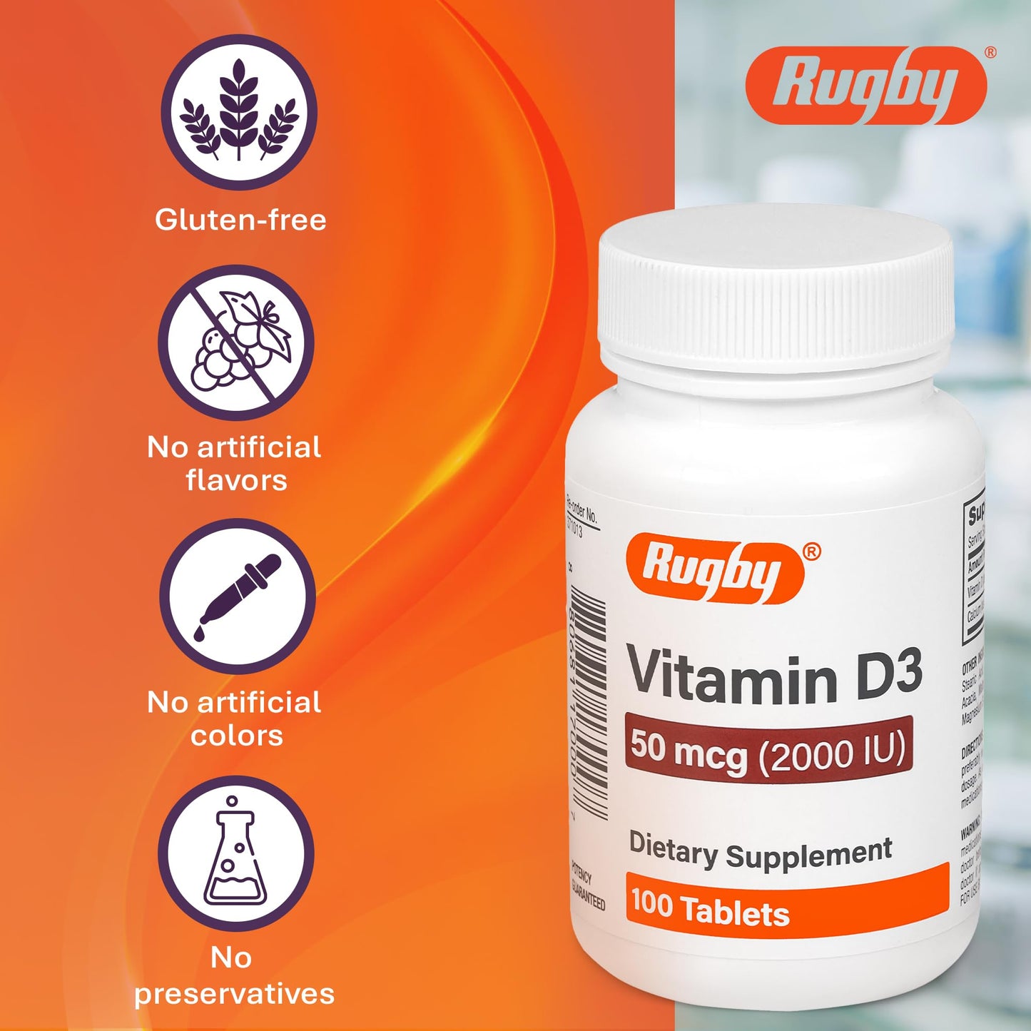 Rugby Vitamin D3 2000 IU (50 mcg) – Gluten-Free Daily Vitamin D3 for Immune, Bone & Teeth Health | 100 Tablets