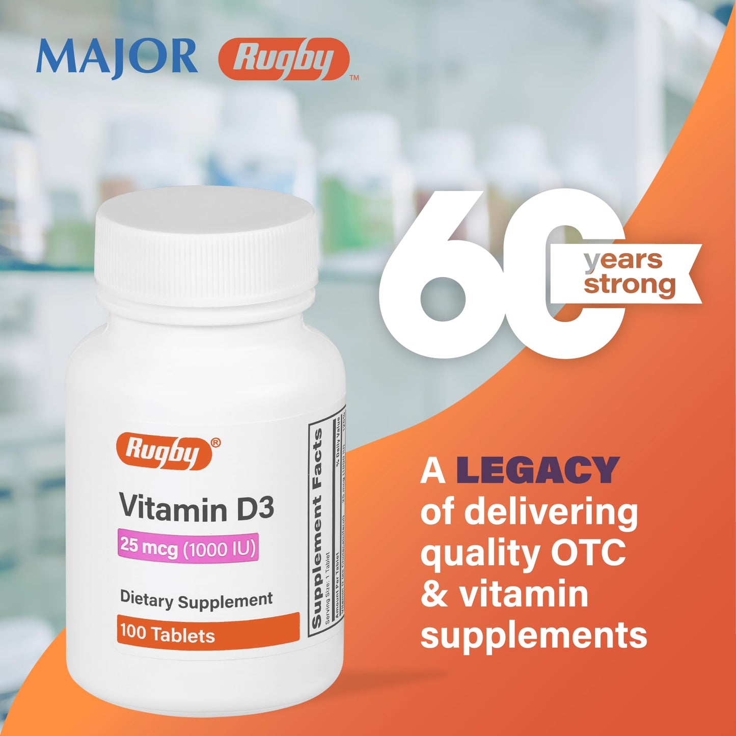 Rugby Vitamin D3 1000 IU (25 mcg) – 100 Tablets | Dietary Supplement