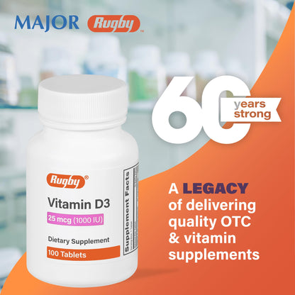 Rugby Vitamin D3 1000 IU (25 mcg) – 100 Tablets | Dietary Supplement