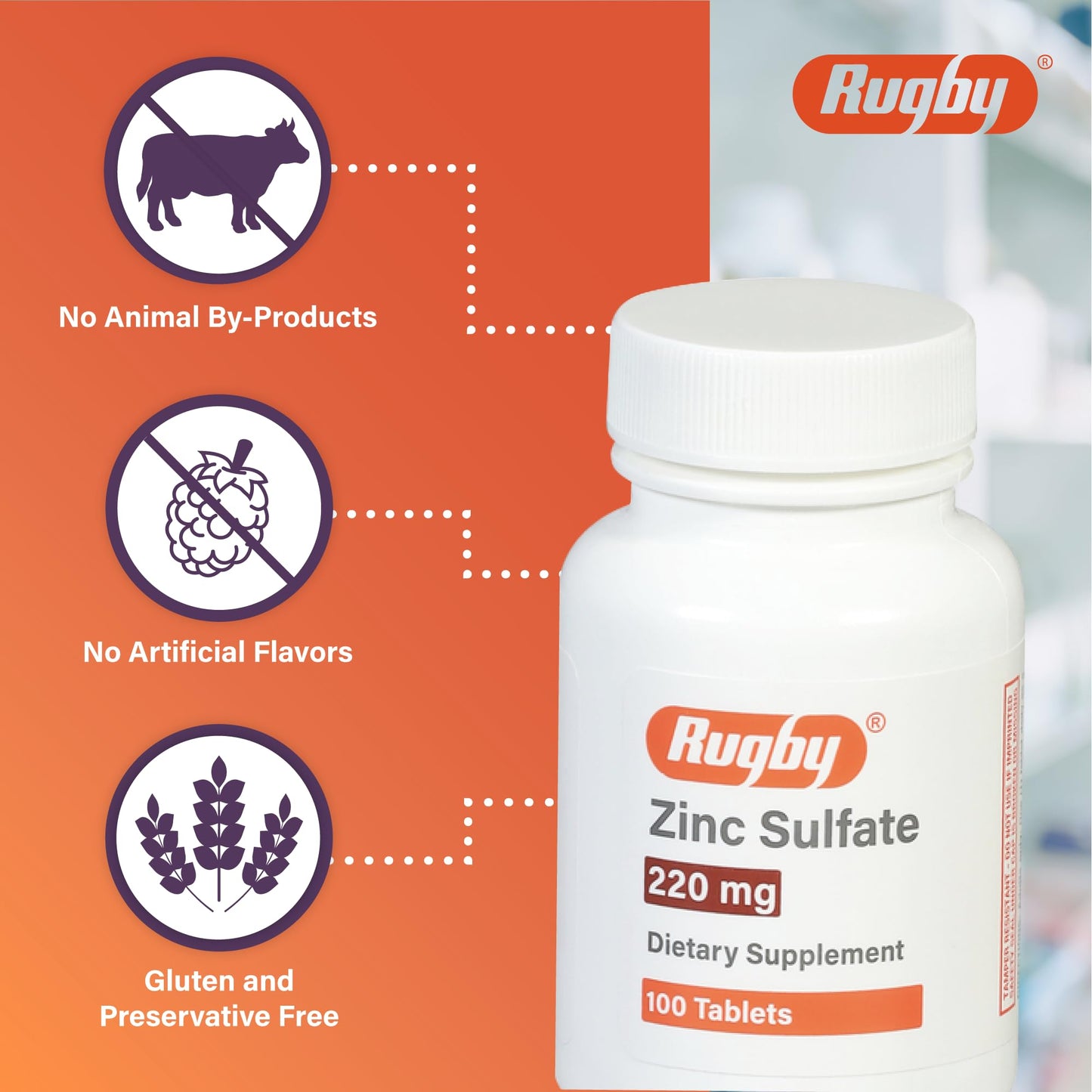 Rugby Zinc Sulfate 220 mg Tablets – 100 Count (2 Pack) – Dietary Supplement