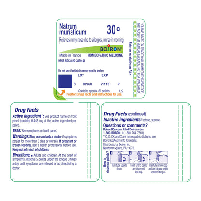 Boiron Natrum Muriaticum 30C – Homeopathic Medicine for Runny Nose (80 Pellets)