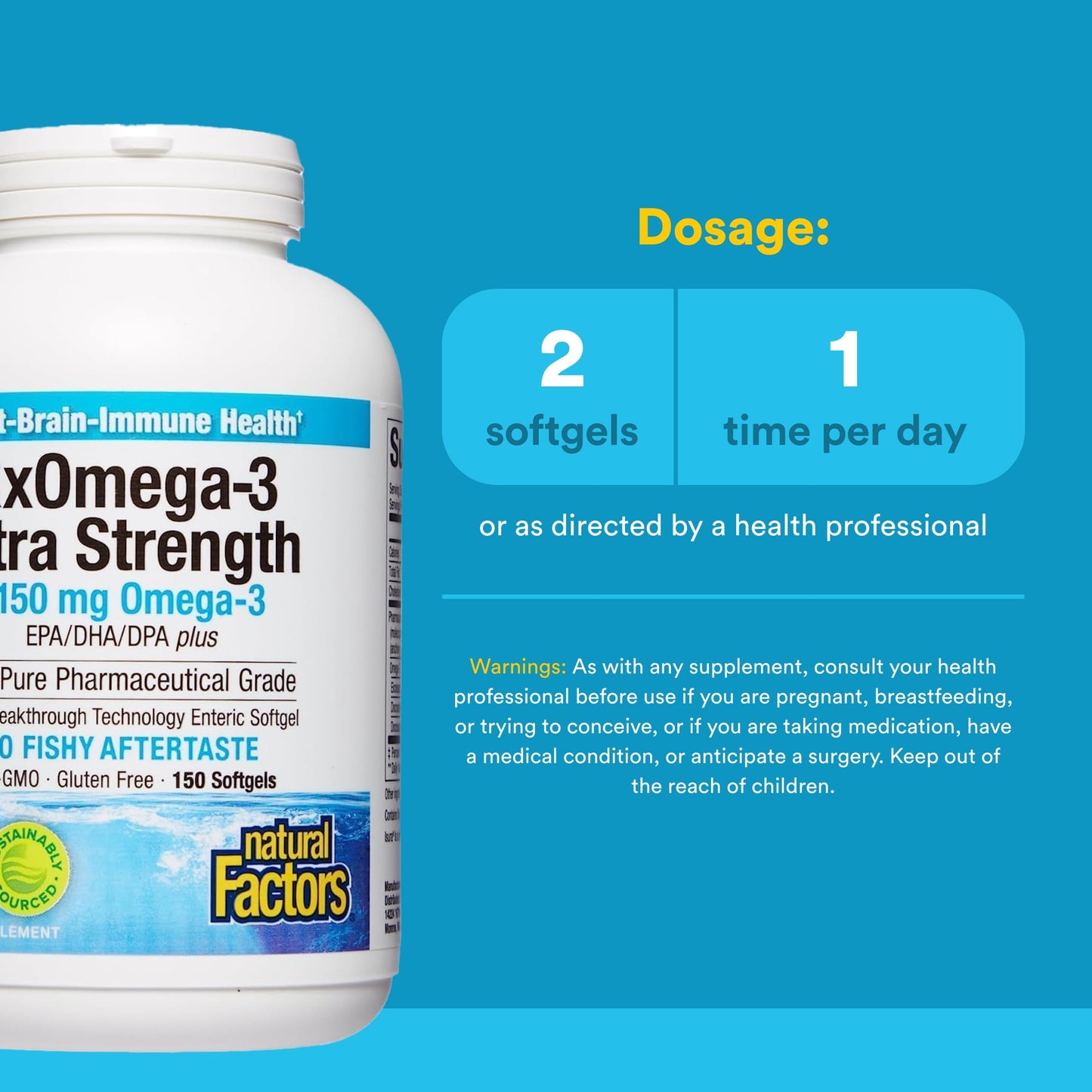 Natural Factors RxOmega-3 Ultra Strength 2150 mg – EPA & DHA Omega-3 for Heart, Brain & Eye Health (150 Softgels)