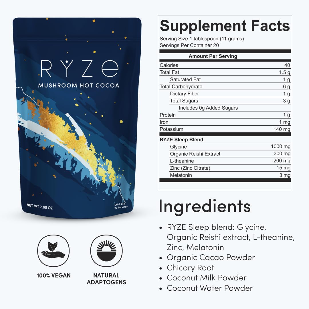 RYZE SUPERFOODS Mushroom Hot Cocoa with Melatonin Sleep Support – Keto Cocoa Powder, 20 Servings