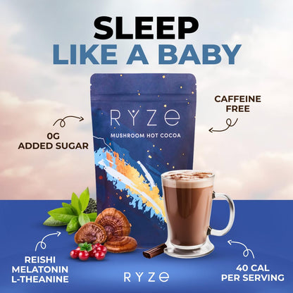 RYZE SUPERFOODS Mushroom Hot Cocoa with Melatonin Sleep Support – Keto Cocoa Powder, 20 Servings