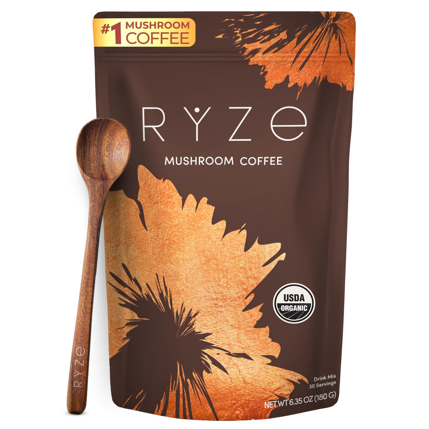 RYZE SUPERFOODS Mushroom Coffee USDA Organic — 6 Adaptogenic Mushrooms + MCT Oil, 30 Servings