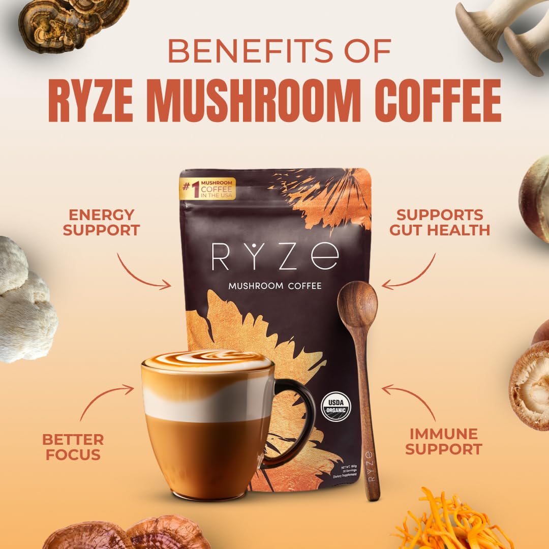 RYZE n Shine Bundle – USDA Organic Mushroom Coffee + Probiotic Creamer | 6 Adaptogenic Mushrooms, MCT Oil, 30+30 Servings
