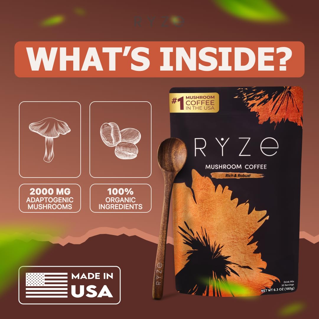 RYZE Mushroom Coffee Dark Roast – 6 Adaptogenic Mushrooms + Prebiotic, 30 Servings