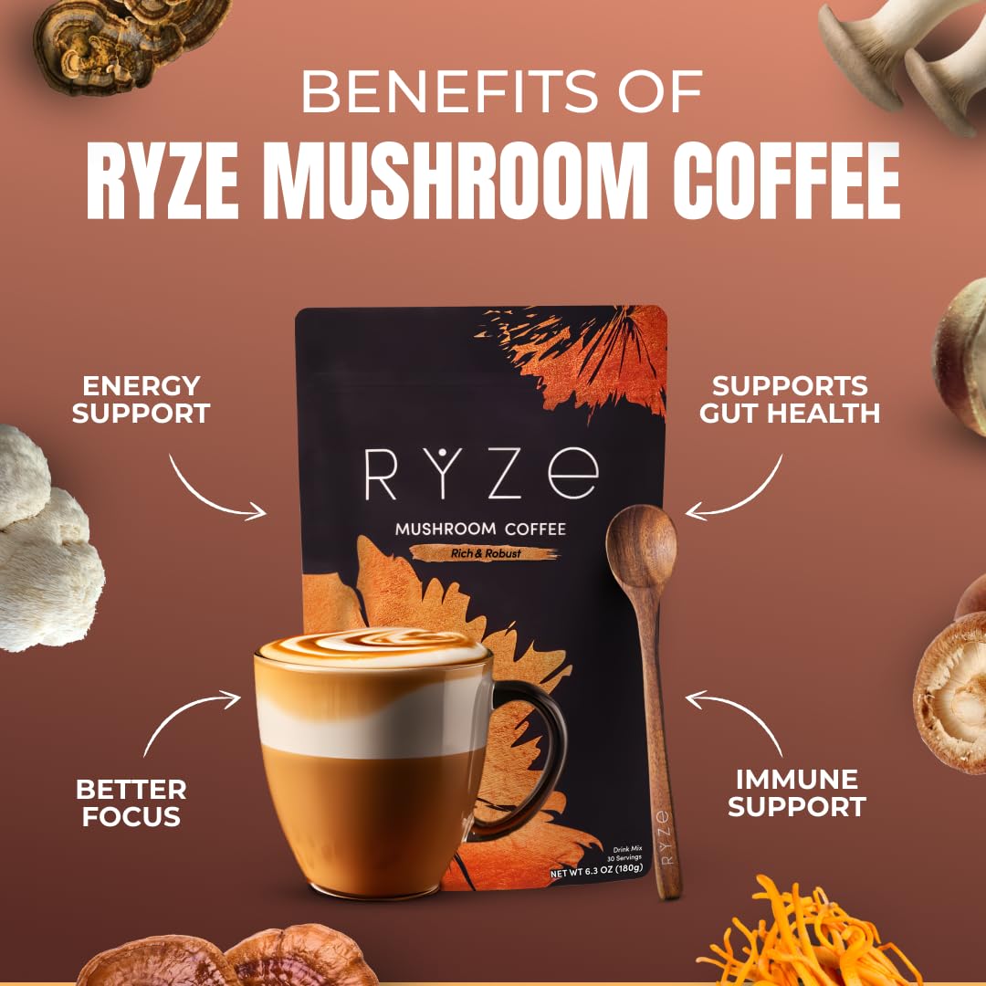 RYZE Mushroom Coffee Dark Roast – 6 Adaptogenic Mushrooms + Prebiotic, 30 Servings