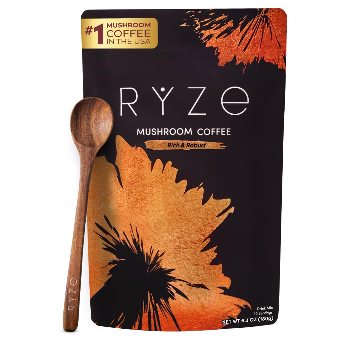 RYZE Mushroom Coffee Dark Roast – 6 Adaptogenic Mushrooms + Prebiotic, 30 Servings