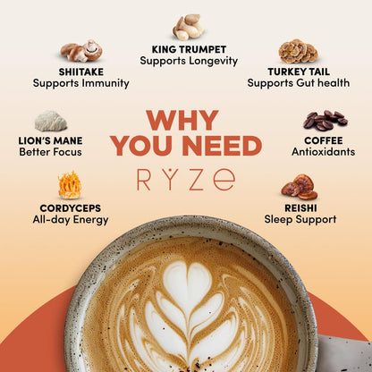 RYZE Mushroom Coffee Medium Roast – 6 Adaptogenic Mushrooms, USA-Grown Instant Coffee