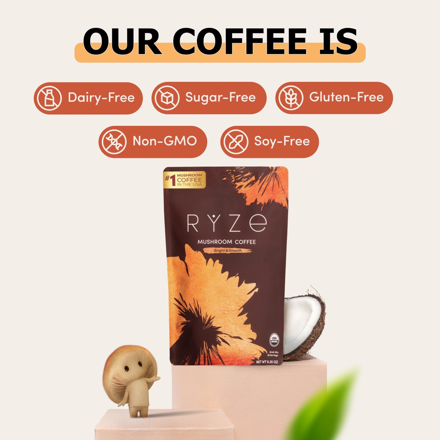 RYZE Mushroom Coffee Medium Roast – 6 Adaptogenic Mushrooms, USA-Grown Instant Coffee