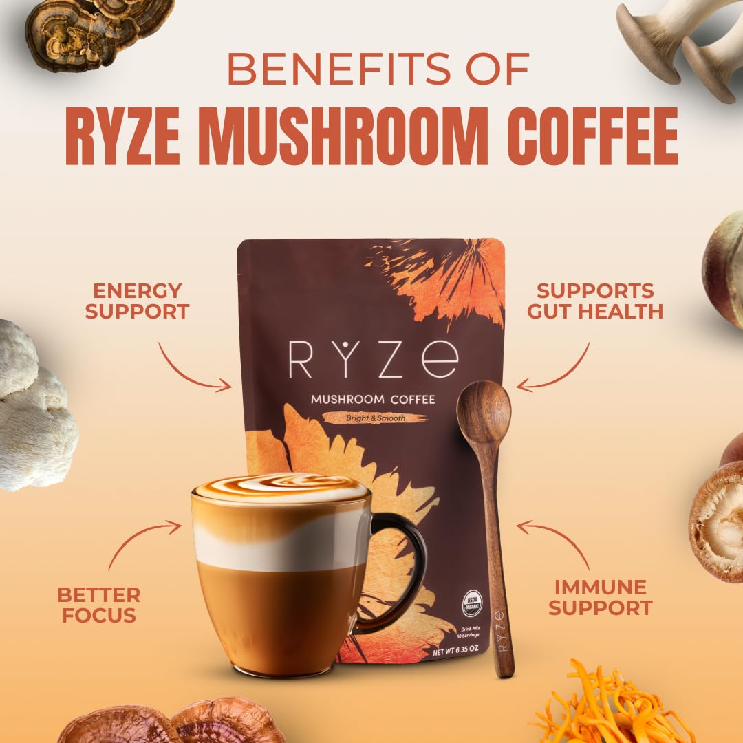 RYZE Mushroom Coffee Medium Roast – 6 Adaptogenic Mushrooms, USA-Grown Instant Coffee