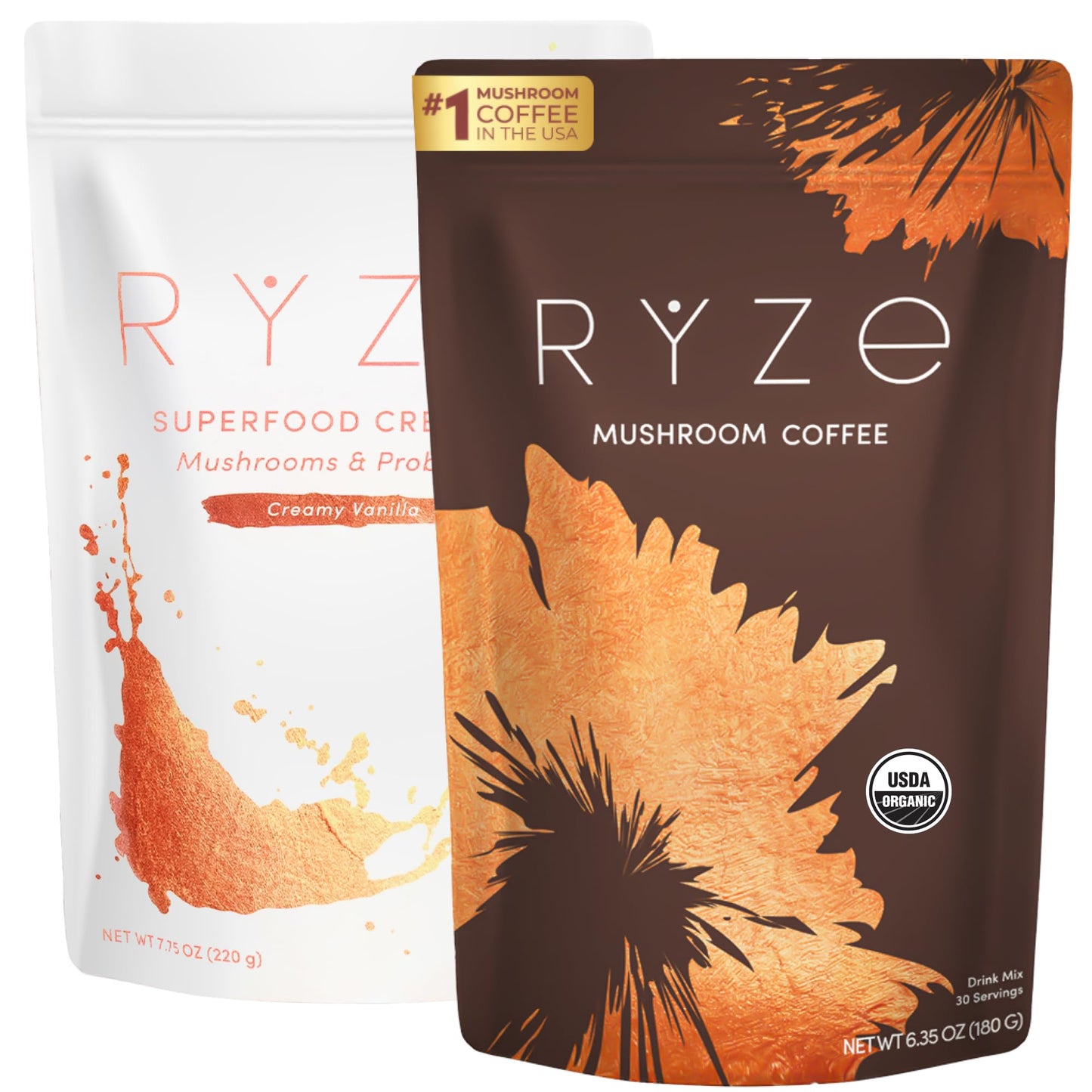 RYZE n Shine Bundle – USDA Organic Mushroom Coffee + Probiotic Creamer | 6 Adaptogenic Mushrooms, MCT Oil, 30+30 Servings