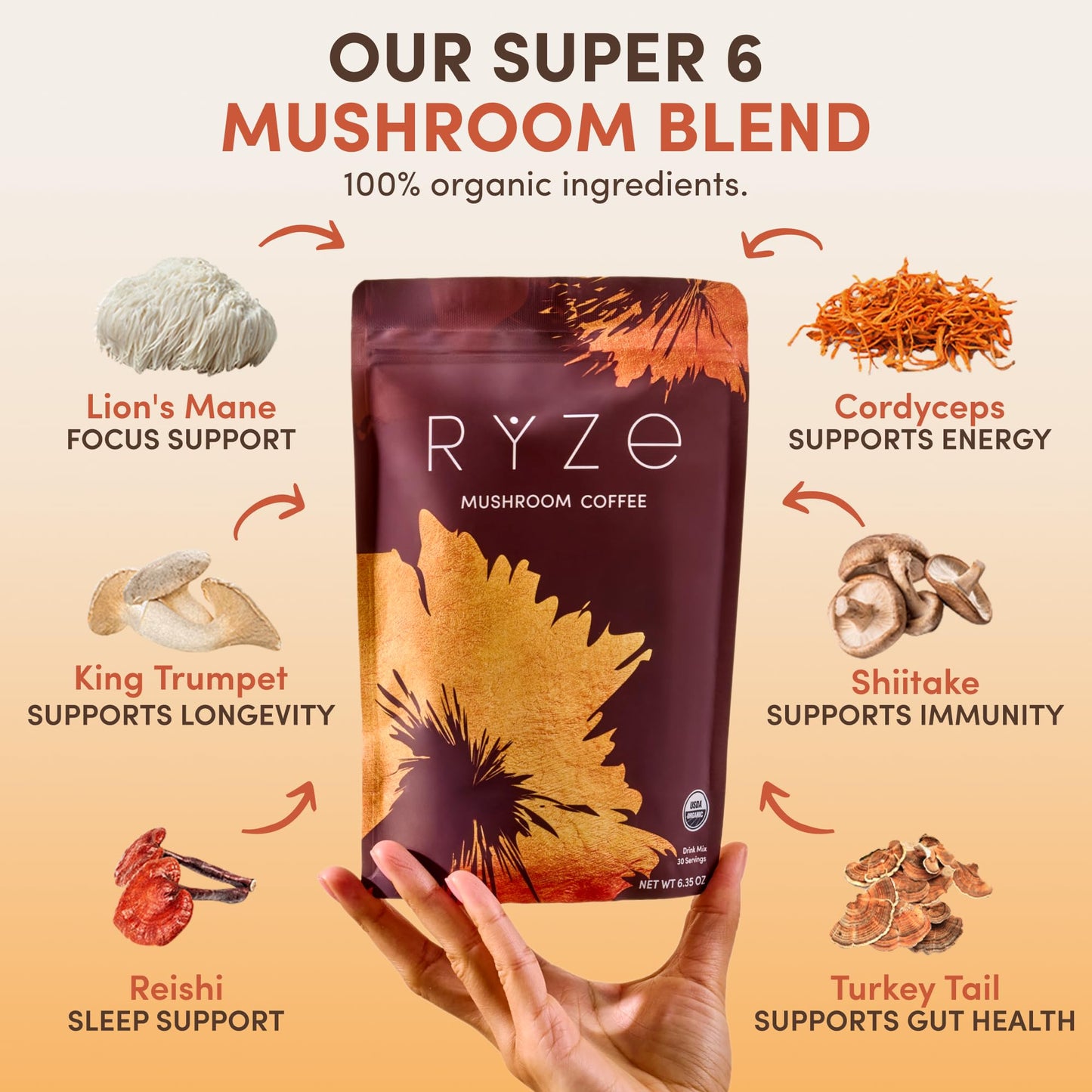 RYZE SUPERFOODS Mushroom Coffee USDA Organic — 6 Adaptogenic Mushrooms + MCT Oil, 30 Servings