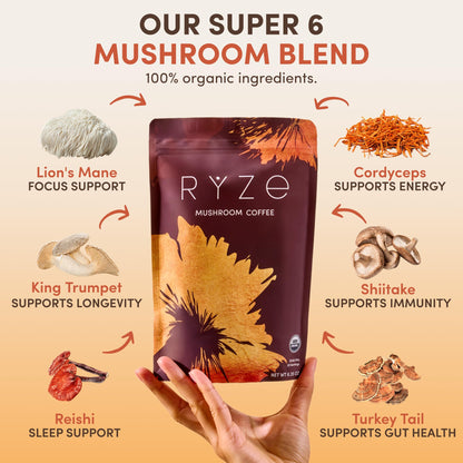 RYZE SUPERFOODS Mushroom Coffee USDA Organic — 6 Adaptogenic Mushrooms + MCT Oil, 30 Servings