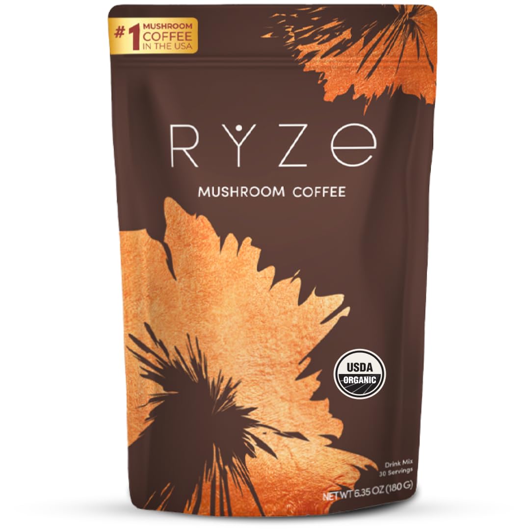 RYZE SUPERFOODS Mushroom Coffee USDA Organic — 6 Adaptogenic Mushrooms + MCT Oil, 30 Servings