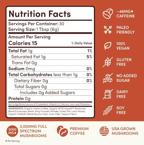 RYZE Mushroom Coffee Medium Roast – 6 Adaptogenic Mushrooms, USA-Grown Instant Coffee