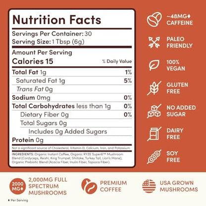 RYZE Mushroom Coffee Medium Roast – 6 Adaptogenic Mushrooms, USA-Grown Instant Coffee