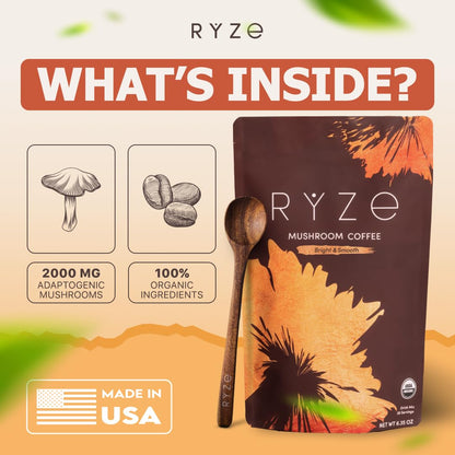 RYZE Mushroom Coffee Medium Roast – 6 Adaptogenic Mushrooms, USA-Grown Instant Coffee