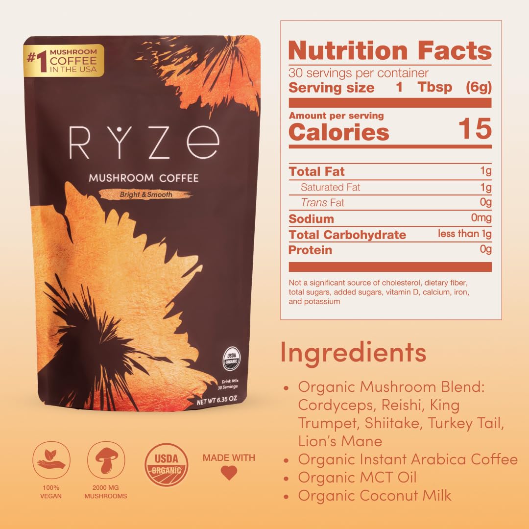 RYZE Mushroom Coffee Medium Roast – 6 Adaptogenic Mushrooms, USA-Grown Instant Coffee