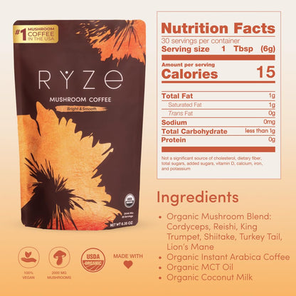 RYZE Mushroom Coffee Medium Roast – 6 Adaptogenic Mushrooms, USA-Grown Instant Coffee