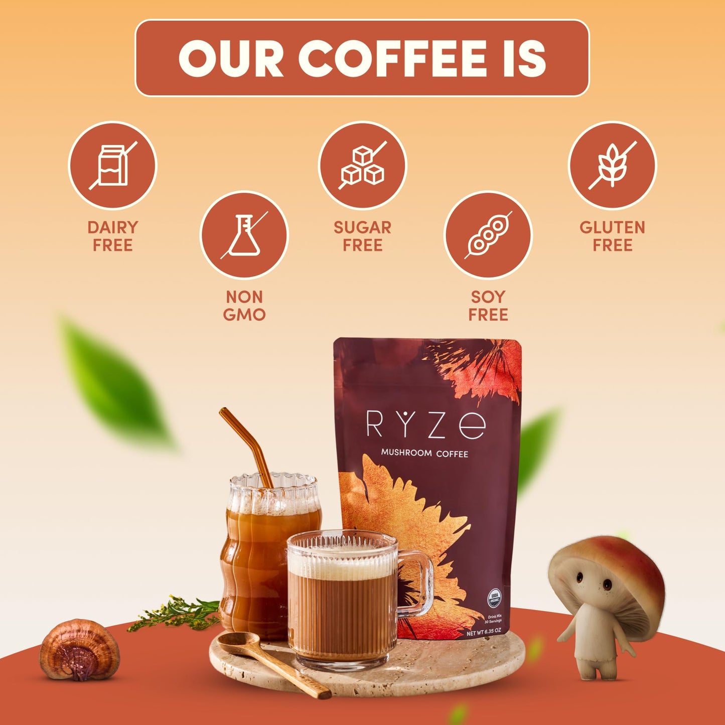 RYZE SUPERFOODS Mushroom Coffee USDA Organic — 6 Adaptogenic Mushrooms + MCT Oil, 30 Servings