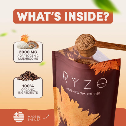 RYZE SUPERFOODS Mushroom Coffee USDA Organic — 6 Adaptogenic Mushrooms + MCT Oil, 30 Servings