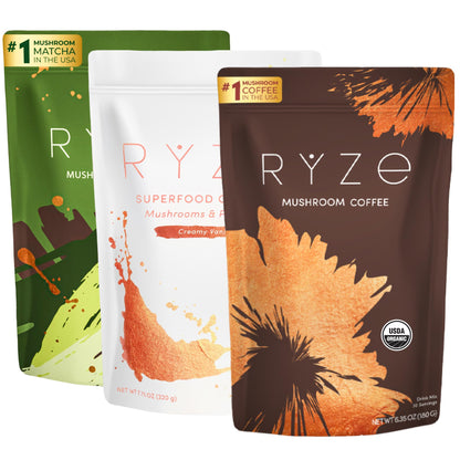 RYZE Superfoods Ultimate Energy Bundle – USDA Organic Mushroom Coffee, Mushroom Matcha & Probiotic Creamer