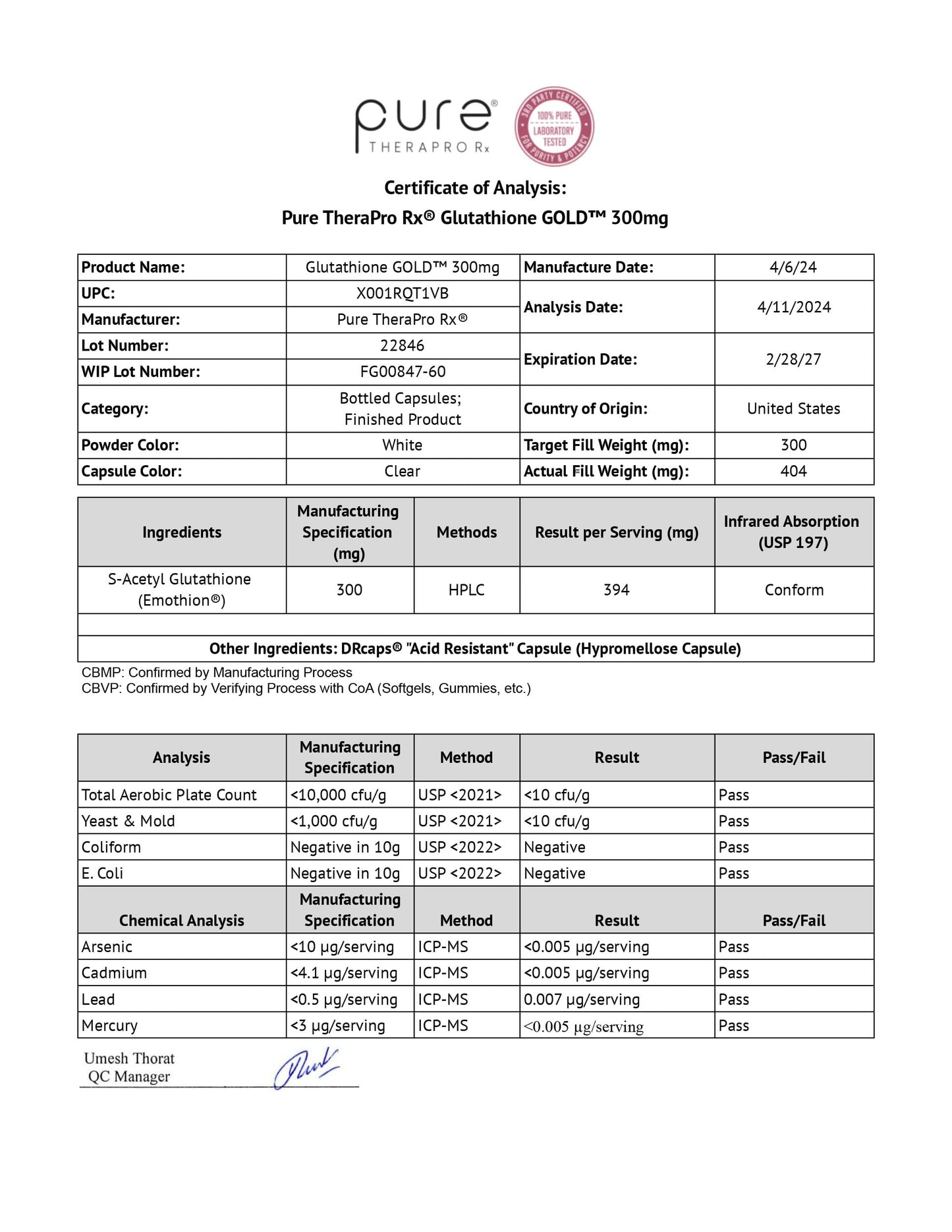 Pure Therapro Rx S-Acetyl Glutathione Gold 300mg Capsule – 60 Caps | EMOTHION Patented Form
