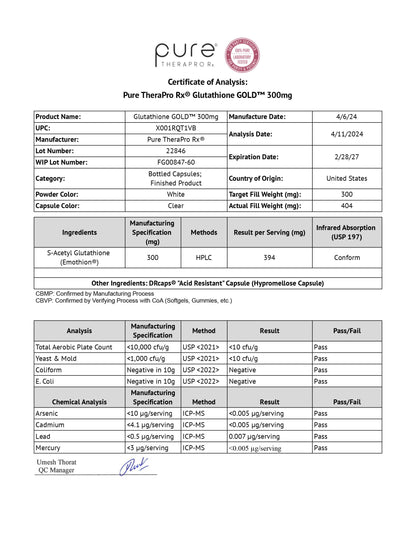 Pure Therapro Rx S-Acetyl Glutathione Gold 300mg Capsule – 60 Caps | EMOTHION Patented Form