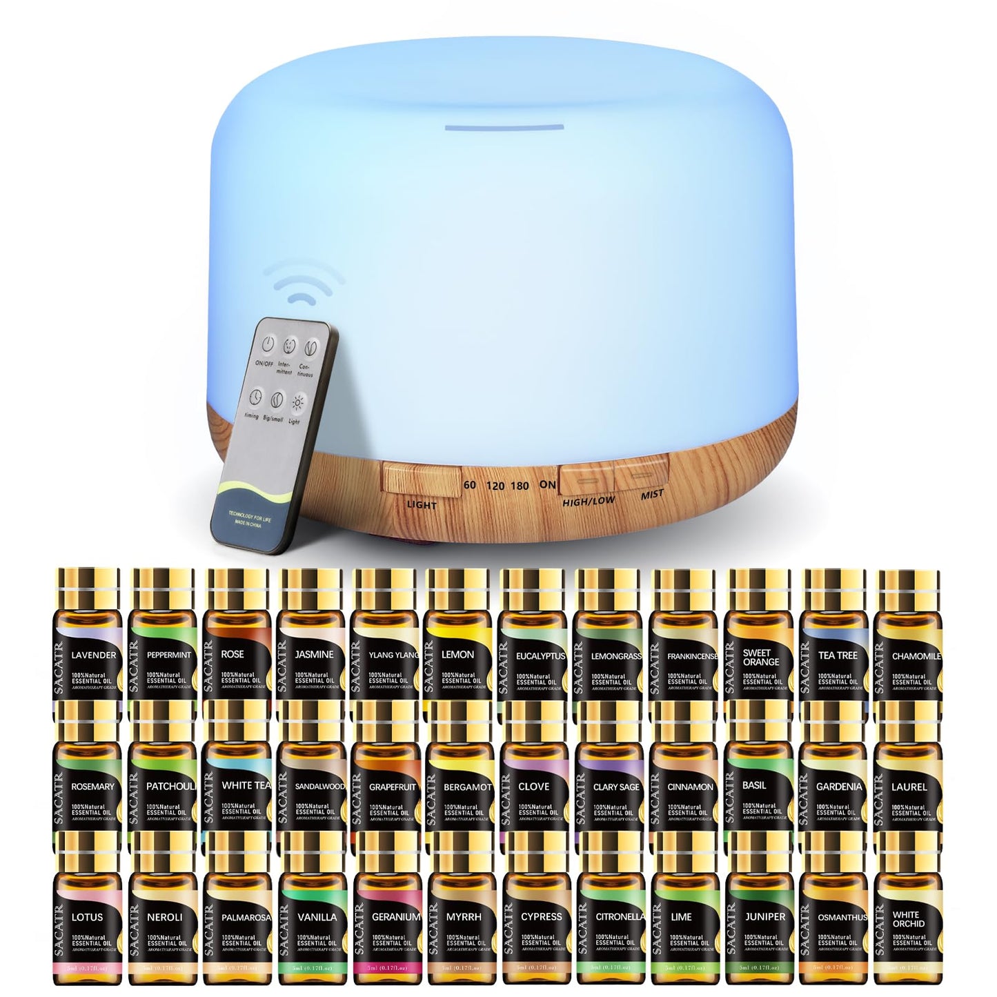 SACATR 500ml Ultrasonic Essential Oil Diffuser with 36x5mL Oils – Large Room, Auto Shut-Off, 15 Colors