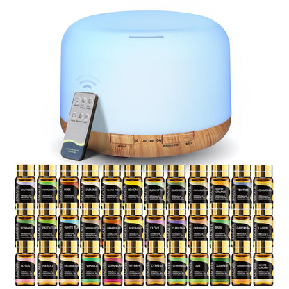 SACATR 500ml Ultrasonic Essential Oil Diffuser with 36x5mL Oils – Large Room, Auto Shut-Off, 15 Colors