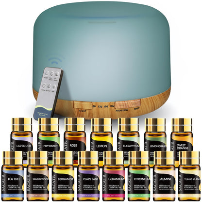 SACATR 500ml Essential Oil Diffuser with 15 Oils – Ultrasonic Humidifier, Remote, 4 Timers, 15 Color Lights