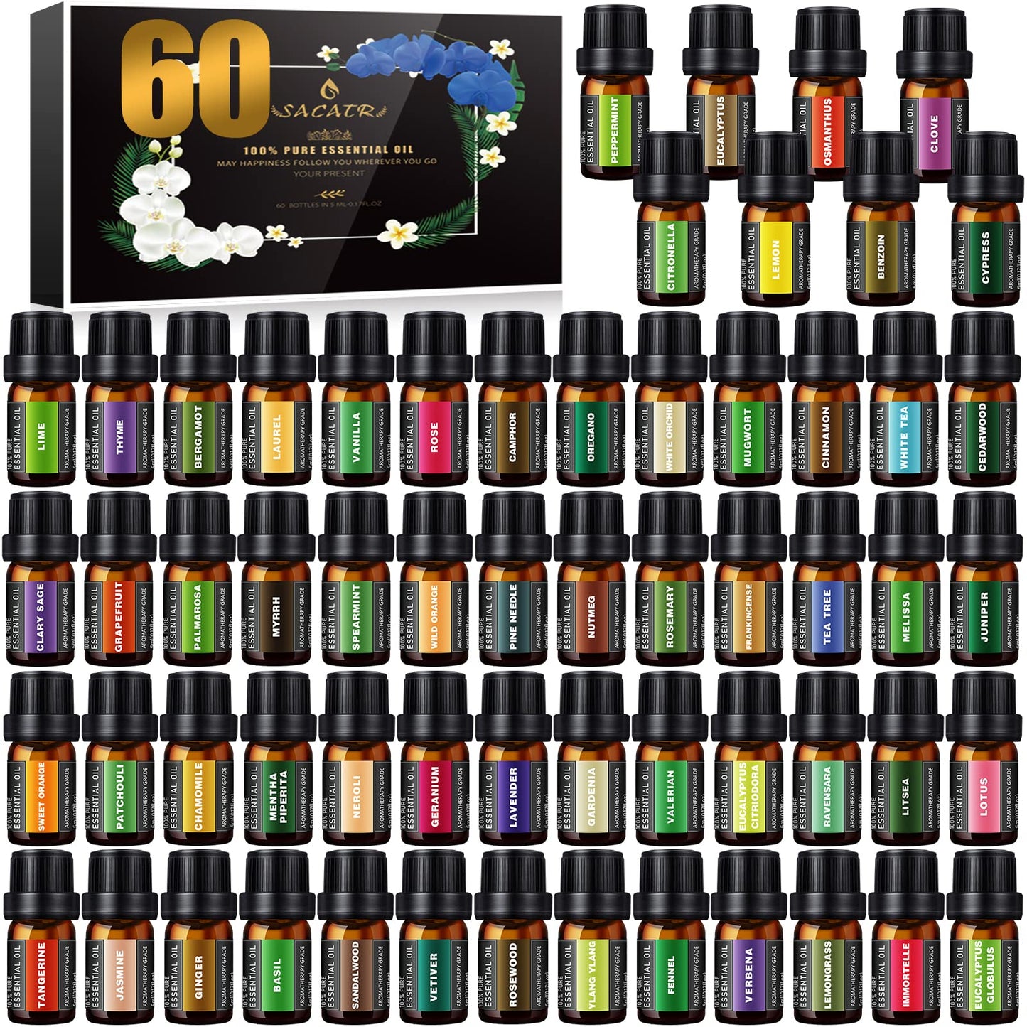 SACATR 60 Bottles Premium Essential Oils Set - Natural Oils for Diffuser, Humidifier, Candle and Soap Making (60x5 ml)