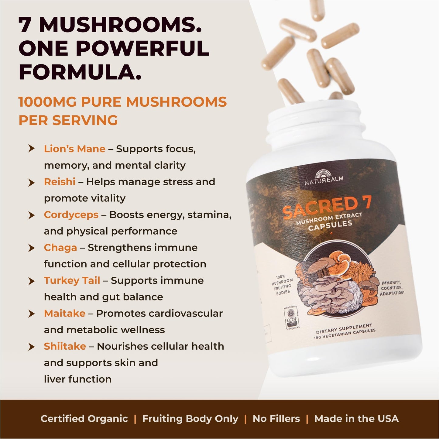 Naturealm Sacred 7 Mushroom 7-in-1 Blend Capsules – 60 Day Supply | Organic Fruiting Body Extract