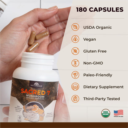 Naturealm Sacred 7 Mushroom 7-in-1 Blend Capsules – 60 Day Supply | Organic Fruiting Body Extract