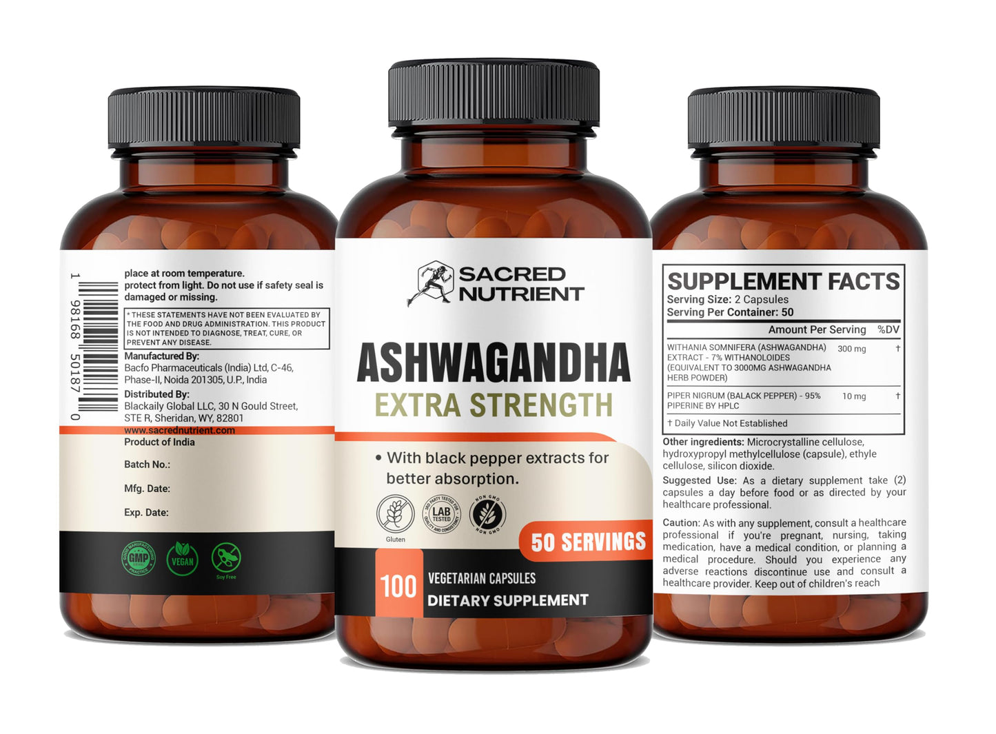 Sacred Nutrient Organic Ashwagandha Extra Strength – 300 mg Extract, Black Pepper, 100 Capsules