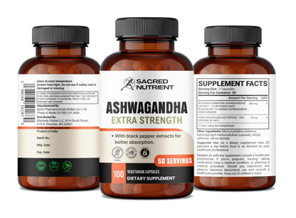 Sacred Nutrient Organic Ashwagandha Extra Strength – 300 mg Extract, Black Pepper, 100 Capsules