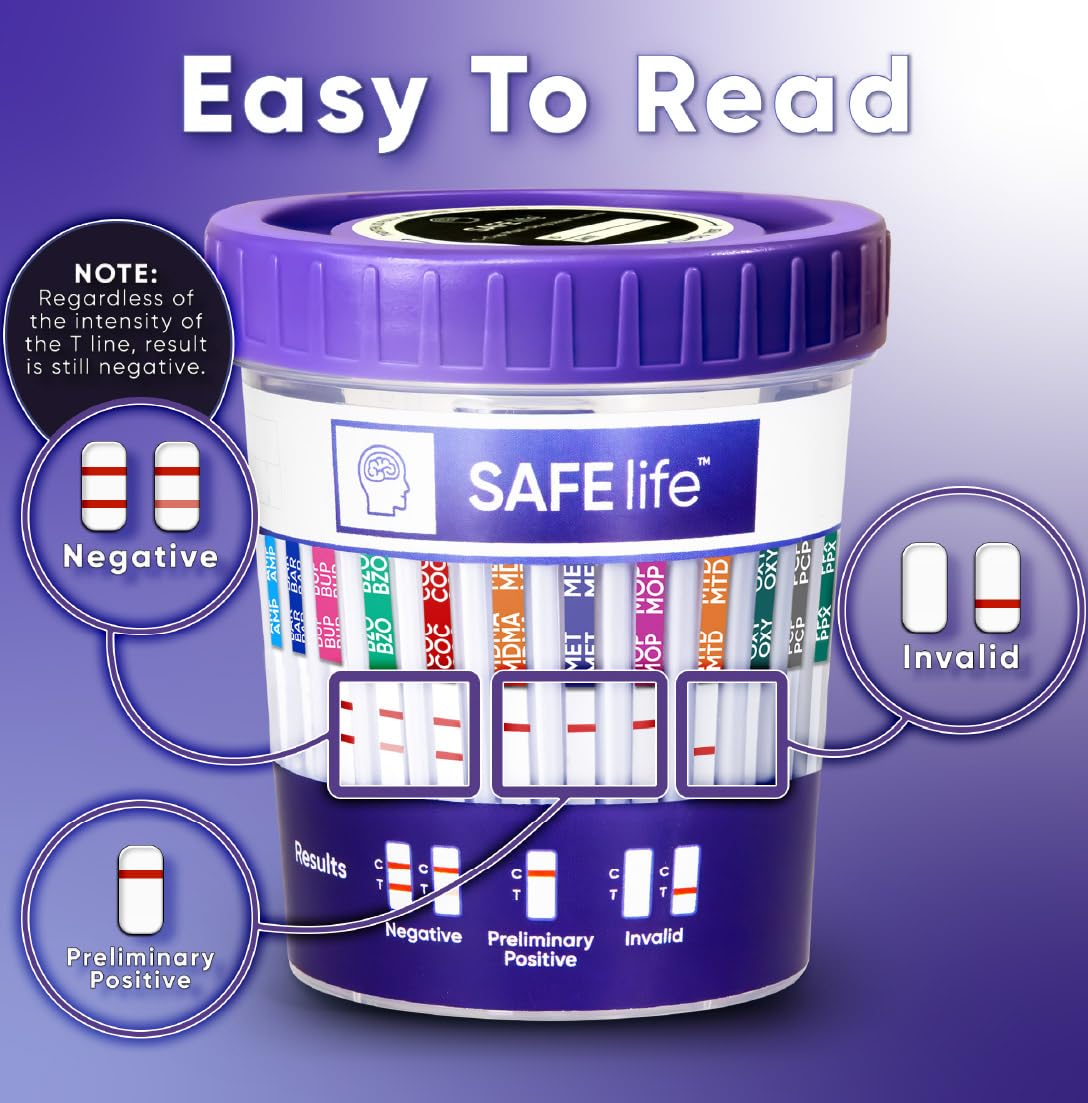 SAFE LIFE 13 Panel Urine Cup 25 Pack - Drug Test Kit (AMP500, BAR, BUP, BZO, COC150, MDMA, MET500, MOP300, MTD, OXY, PCP, TCA) + 3 Adulterants (CR, SG, PH) | OTC CLIA-Waived