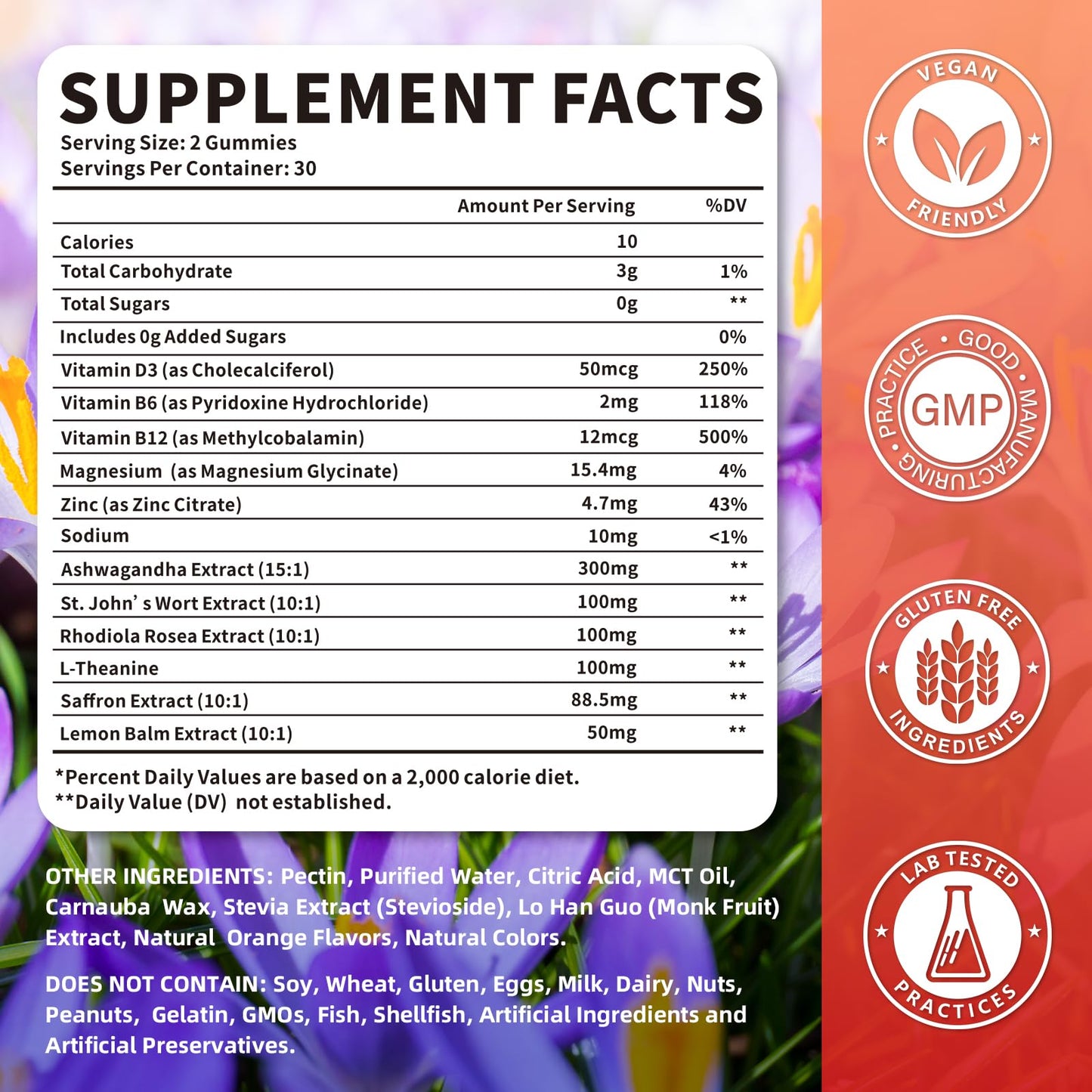 Melatonin-Free Saffron Gummies for Mood & Focus – 60 Count with 88.5 mg Saffron Extract, D3, B6, B12