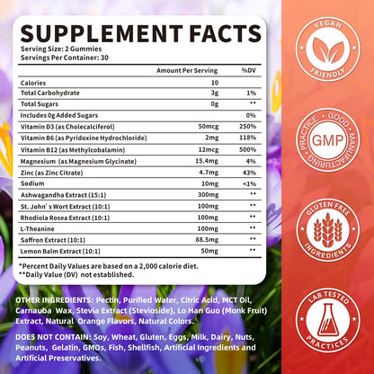 Melatonin-Free Saffron Gummies for Mood & Focus – 60 Count with 88.5 mg Saffron Extract, D3, B6, B12