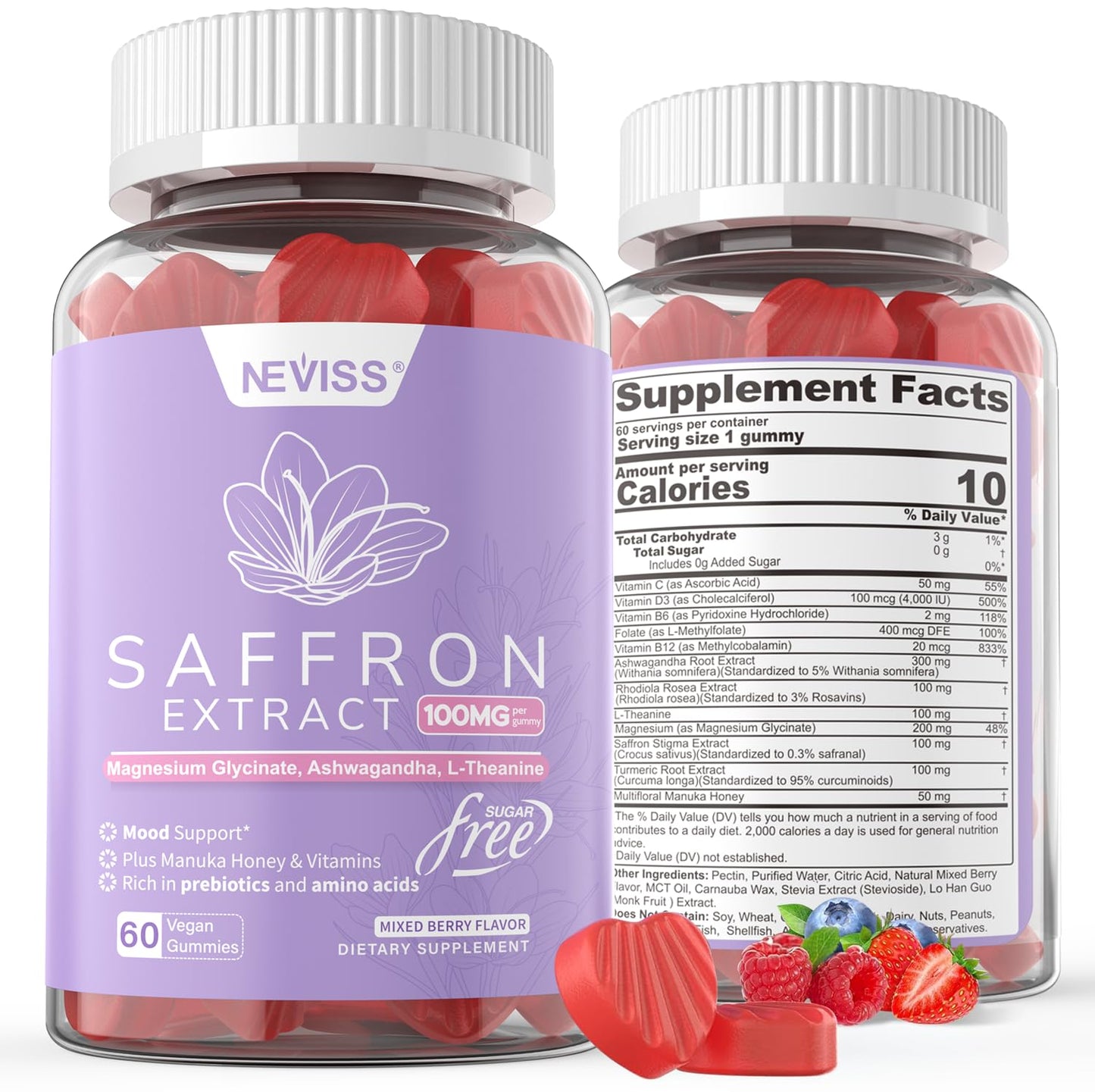NEVISS Saffron Gummies 100mg — Pure Saffron Extract with Magnesium Glycinate, L-Theanine & Turmeric