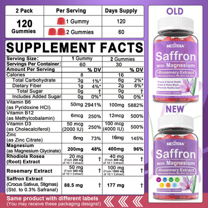 Nextdia Saffron Gummies – 4 Months, 2-Pack with Magnesium Glycinate & Rhodiola for Calm, Focus & Rest