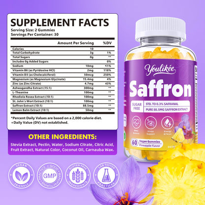 Saffron Gummies 88.5mg – Pineapple 60 Count | Magnesium, Rhodiola, Ashwagandha
