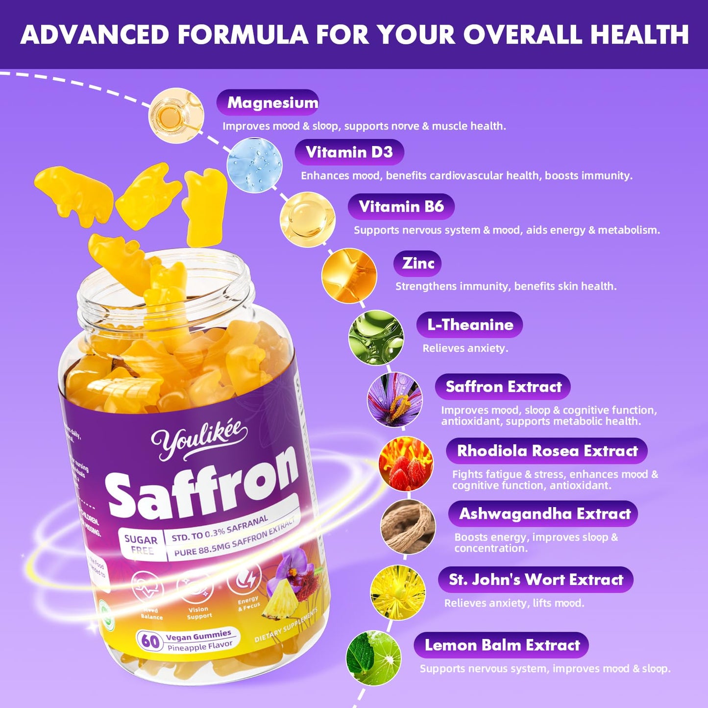 Saffron Gummies 88.5mg – Pineapple 60 Count | Magnesium, Rhodiola, Ashwagandha