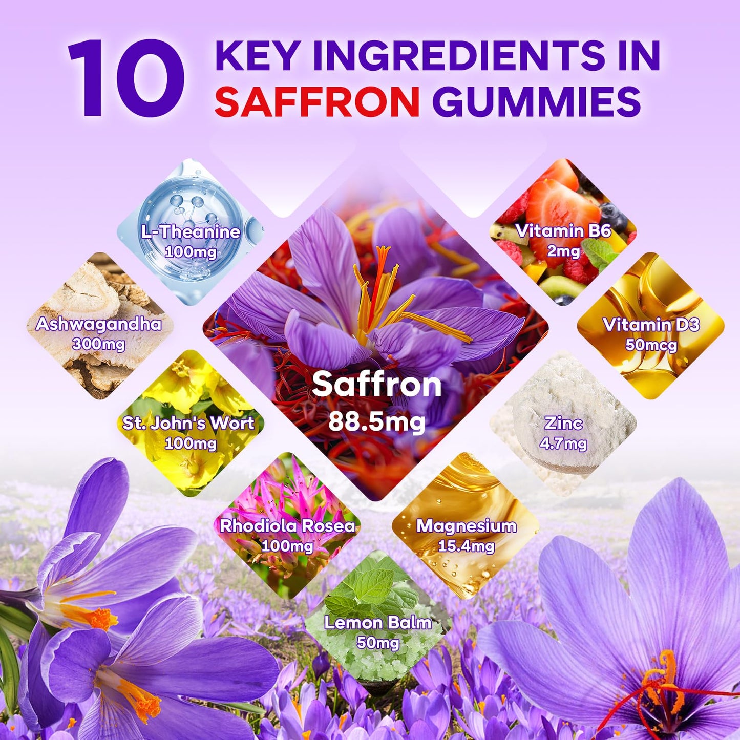 Saffron Gummies 60 Count - 10-in-1 Formula with Magnesium, L-Theanine, Rhodiola (Sugar-Free Raspberry)
